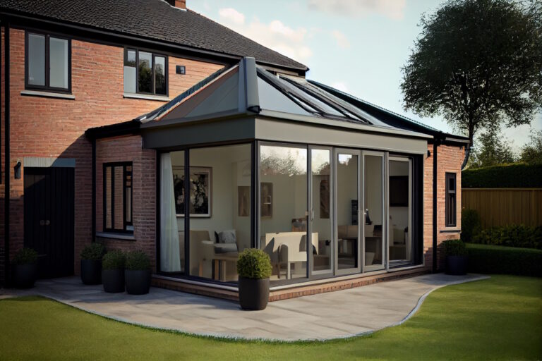 Modern brick house with a glass-walled conservatory and curved concrete patio surrounded by a manicured lawn.